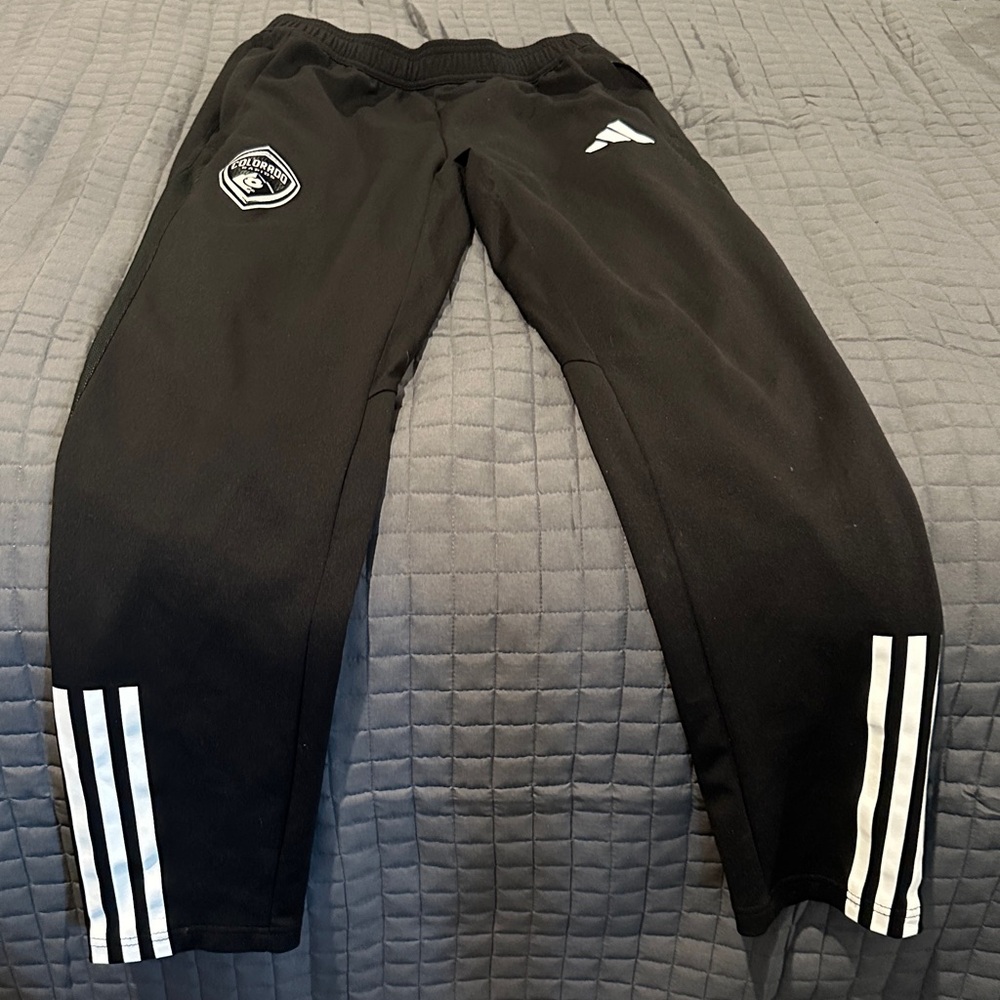 Adidas Kids Black Jogger and jacket with White Stripes. Colorado rapids patch.